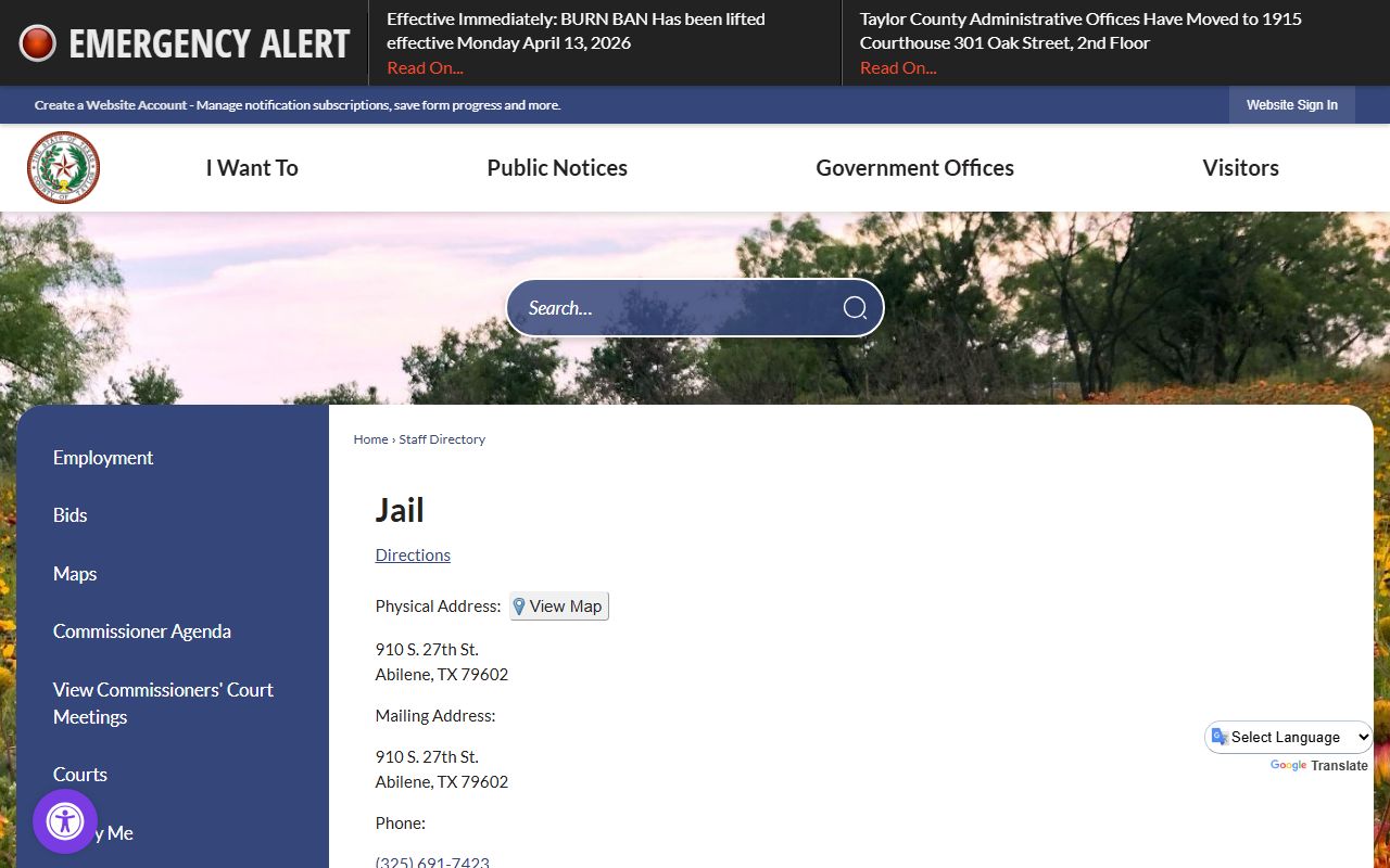 Taylor County Adult Detention Center directory contact listing