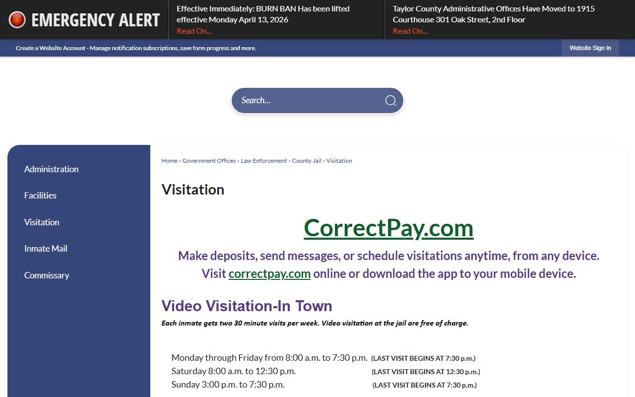 Taylor County inmate visitation schedule and CorrectPay instructions